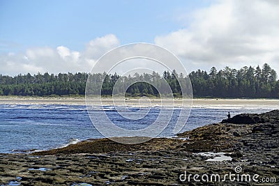 A view of the rocky shores and tidal pools near Tow Hill, with ocean and the sandy North Beach and Rose Spit in the background Stock Photo