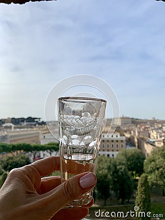 View of roman sights through a glass of prosecco Stock Photo
