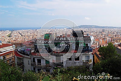 View of rooftop full of colorful artwork in Barcelona Editorial Stock Photo