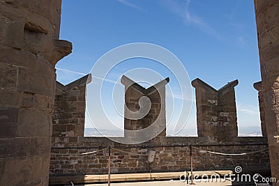 Rooftops fragment of Palazzo Vecchio tower, Florence, Tuscany, Italy. Stock Photo