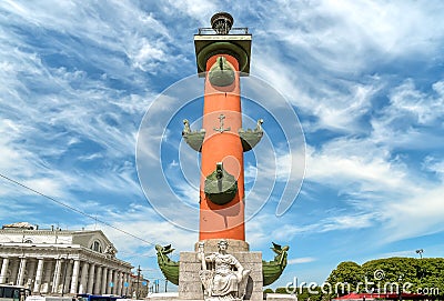 View of Rostral Column on the Spit of Vasilievsky Island in Saint Petersburg. Stock Photo