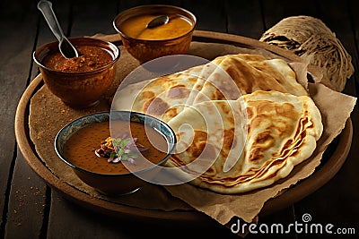 View of roti canai and chicken curry. Roti Canai and chicken curry is a great meal to share with friends and family, as it can Stock Photo