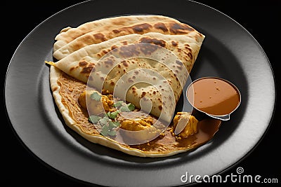 View of roti canai and chicken curry. Roti Canai and chicken curry is a great meal to share with friends and family, as it can Stock Photo
