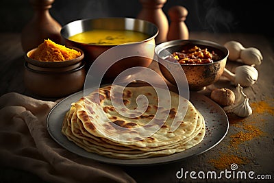 View of roti canai and chicken curry. Roti Canai and chicken curry is a great meal to share with friends and family, as it can Stock Photo