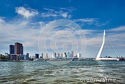 View of Rotterdam over Nieuwe Maas with Erasmusbrug bridge. Rottherdam, the Netherlands Editorial Stock Photo