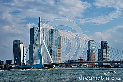 View of Rotterdam sityscape with Erasmusbrug bridge over Nieuwe Maas and modern architecture skyscrapers Editorial Stock Photo