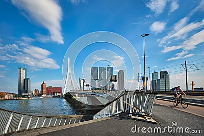 View of Rotterdam sityscape with Erasmusbrug bridge over Nieuwe Maas and modern architecture skyscrapers Editorial Stock Photo