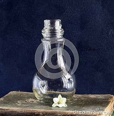 CLEAR GLASS BOTTLE WITH FLOWER ON OLD BOOKS Stock Photo