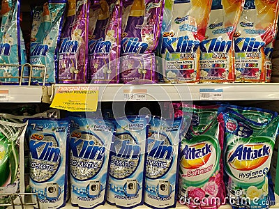 The view of rows liquid laundry soaps on rack in supermarket at East Jakarta, Indonesia Editorial Stock Photo