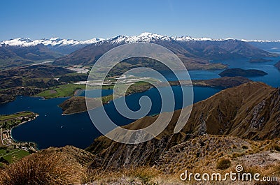 The view from the Roy's Peak at the blue Lake Wanaka in New Zealand Stock Photo