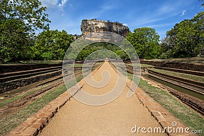 A view from the Royal Gardens from the western entrance looking towards Sigiriya Rock in Sri Lanka. Stock Photo