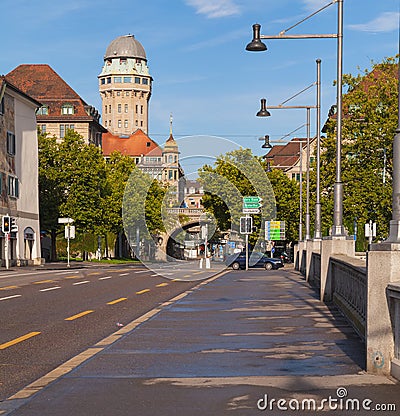 View from the Rudolf Brun bridge towards Uraniastrasse street in the city of Zurich, Switzerland Editorial Stock Photo
