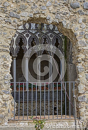 View ruin windows, arched colonnade background Stock Photo