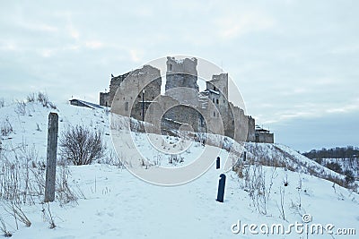 View of the ruins of the medieval castle of the Livonian Knights Order Stock Photo