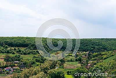 View of the ruins of the old-time viaduct, aqueduct, tourist route Podilsky Tovtra, Ukraine, Khmelnitsky region, Zubrivka village Stock Photo