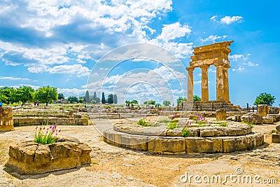 View of ruins of the temple of Castore and Polluce in the Valley of temples near Agrigento in Sicily, Italy Stock Photo