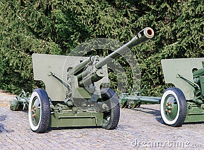 View of the russian cannons and howitzers in a park. Military museum outdoors Editorial Stock Photo