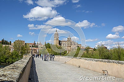 View Salamanca Old and New Cathedrals from roman bridge Salamanc Editorial Stock Photo