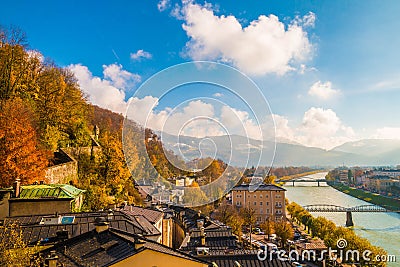 View of Salzburg and Salzach river from the old fortified wall on Kapuzinerberg Stock Photo