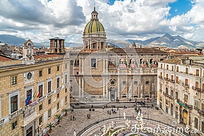 View of San Giuseppe dei Teatini church with Pretoria fountain from roof of Santa Caterina church in Palermo. Editorial Stock Photo