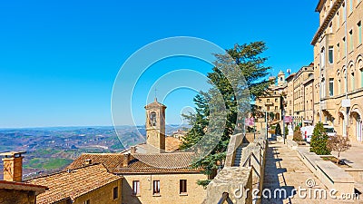 View of San Marino with street and bell tower Editorial Stock Photo