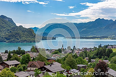 View at Sankt Gilgen am Austrian Wolfgangsee surrounded with mountains Stock Photo