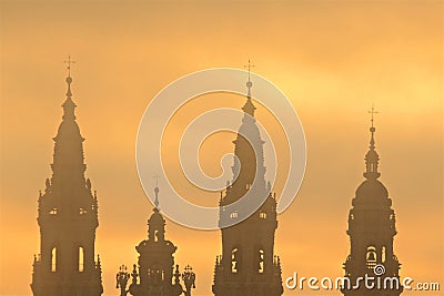 View of Santiago de Compostela Cathedral steeples at sunset in Santiago de Compostela, Spain Stock Photo