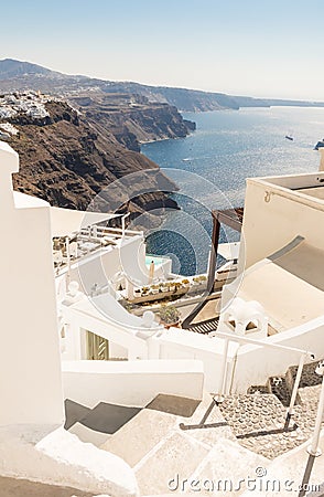 View of Santorini caldera in Greece from the coast Stock Photo