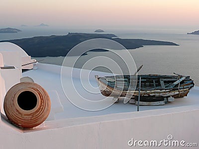 View of Santorini Caldera from Imerovigli, Nea Kameni Stock Photo