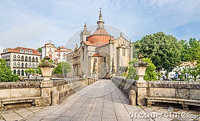 View at the Sao Goncalo monastery through the Old bridge over the river Tamega in Amarante ,Portugal Stock Photo