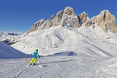 View of the Sassolungo Langkofel Group of the Italian Dolomites from the Val di Fassa Ski Area, Trentino-Alto-Adige region, Italy Stock Photo