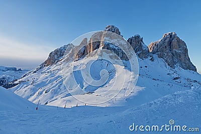View of the Sassolungo Langkofel Group of the Italian Dolomites from the Val di Fassa Ski Area, Trentino-Alto-Adige region, Italy Stock Photo