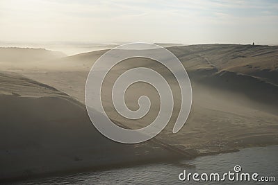 View of Saudi Arabia desert from a freighter sailing the Suez Canal Stock Photo