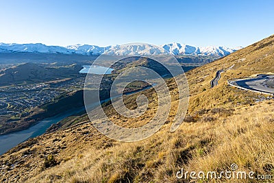 View of the scenic drive towards the Remarkables Ski Area in Queenstown Stock Photo