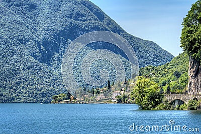 View at scenic lake Lugano Stock Photo