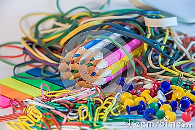 View of a school objects, colored and thematic tools Stock Photo