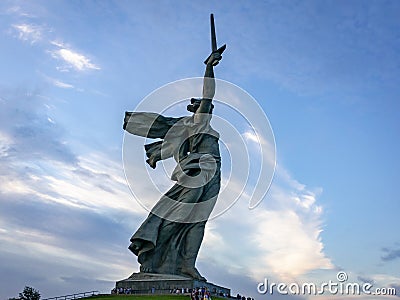 View on the sculpture Motherland Calls on the top of The Mamayev Kurgan, memorial complex of the Stalingrad Battle Editorial Stock Photo