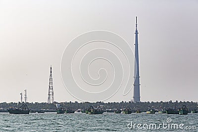 View from the sea of Arulmigu Ramanathaswamy yellow Temple in Rameshwaram. Stock Photo