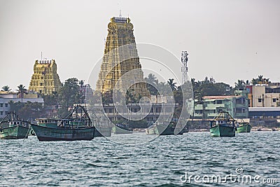 View from the sea of Arulmigu Ramanathaswamy yellow Temple in Rameshwaram. Editorial Stock Photo