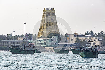 View from the sea of Arulmigu Ramanathaswamy yellow Temple in Rameshwaram. Editorial Stock Photo
