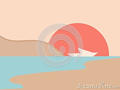 View of the sea bay in a minimalistic style. Contour of the yacht against the background of the sun. Boho decor for prints, Vector Illustration