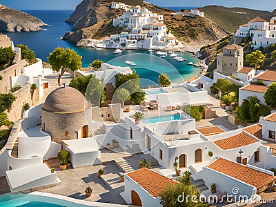 view of the sea and beautiful landscape of the island of santorini. greece Stock Photo