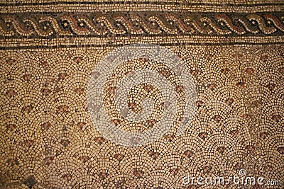 A part of the Byzantine floor mosaic. The Church of Multiplication of loaves and fish in Tabgha, Israel. Pilgrimage Stock Photo