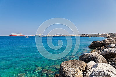 View of the sea and harbor fragment of Rhodes. Editorial Stock Photo