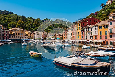 View from the sea of Italian city Portofino in Italy Stock Photo