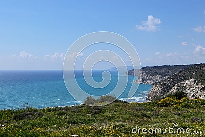 View on sea from rock in Kourion beach, in Cyprus. View from ancient part of Kourion, district of Limassol Lemessos to beach in Stock Photo