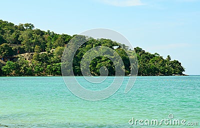 View of the sea, sky and mountains overgrown with jungle Tri Trang Beach in Phuket Stock Photo