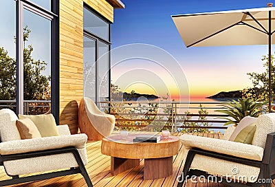 View of the sea at sunset from the terraces of a beautiful house Stock Photo