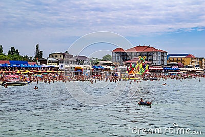 View from the sea to the coastline of the Zalizny port Kherson region. Crowded Black Sea Editorial Stock Photo
