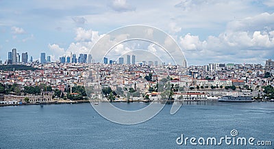View from the sea to Istanbul. The coastline with boat, old and new houses in the vicinity of the city Stock Photo